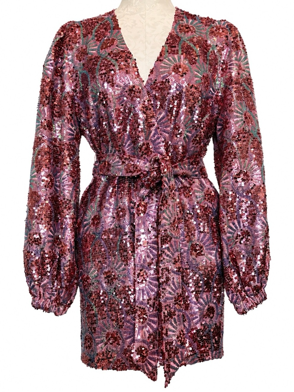 BuddyLove Adeline NWT Sequin Wrap Mini Dress Small Pink Floral Belted Party